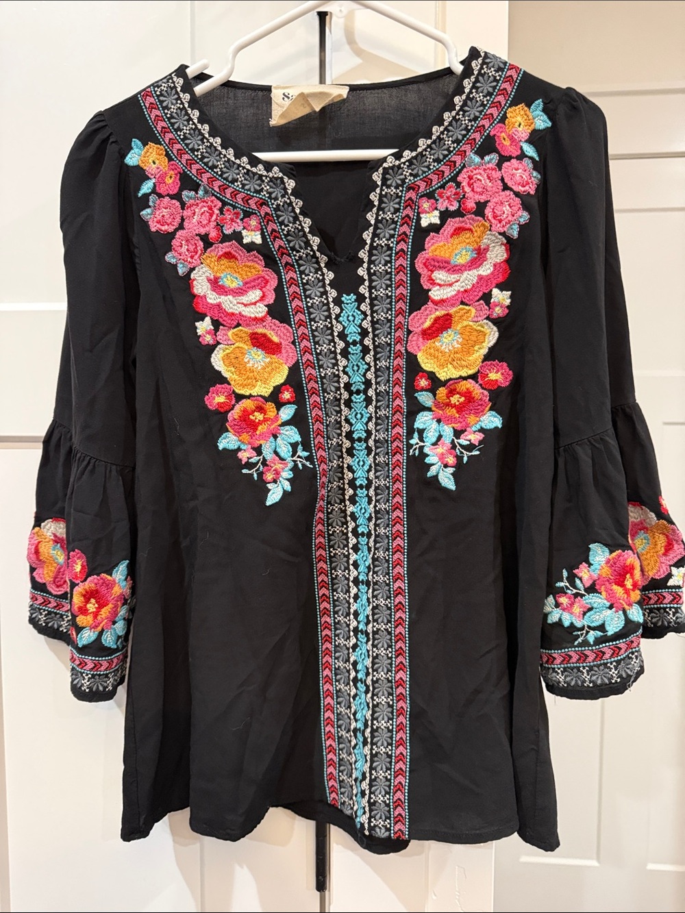 Embroidered Black Boho Tunic Dress with Pink & Yellow Floral Accents